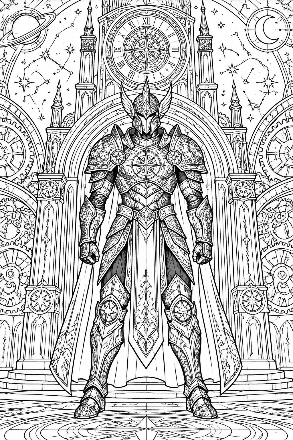 Knight in ornate star-emblazoned armor stands before grand clock tower with constellations