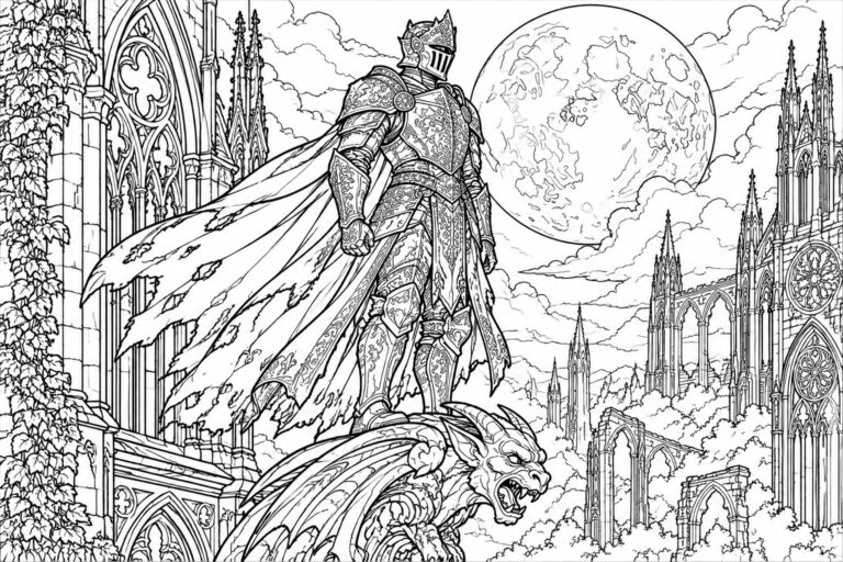 Ornate armored knight atop a dragon before a moonlit gothic cathedral.