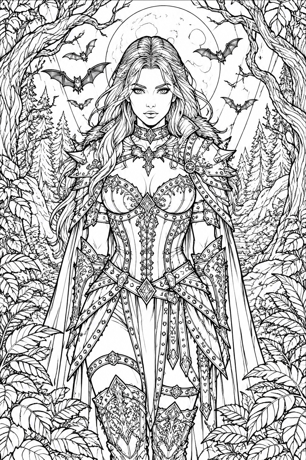 Fantasy female warrior in spiked armor stands in moonlit forest with flying bats