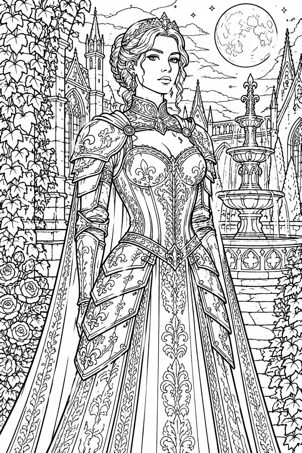 Woman in ornate fantasy armor by moonlit castle fountain in line art style.