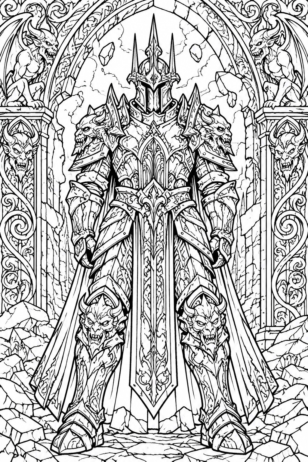 A detailed black and white coloring page showing a knight in heavily ornamented spiked armor with demonic faces on the pauldrons and greaves, flanked by two large gargoyles on stone pillars beneath a crumbling arch.