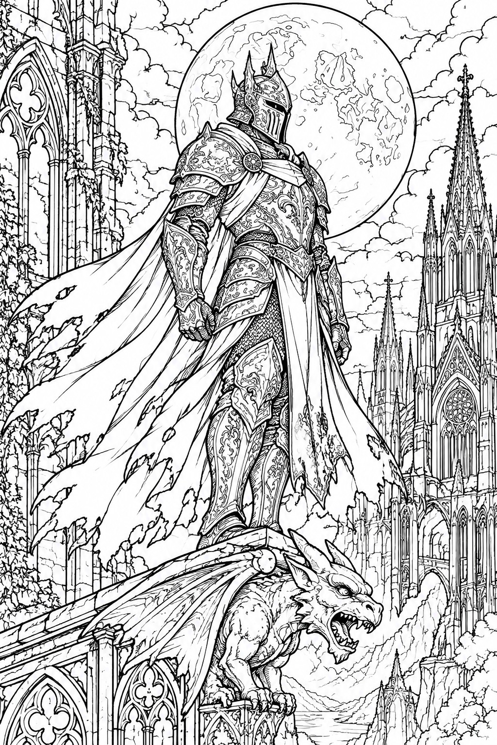 Ornate armored knight atop a dragon before a moonlit gothic cathedral.