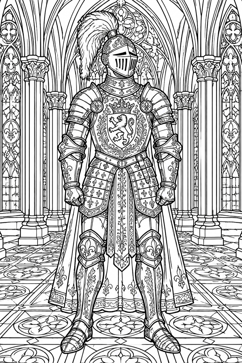 Knight in ornate armor with lion crest stands in gothic cathedral hall.