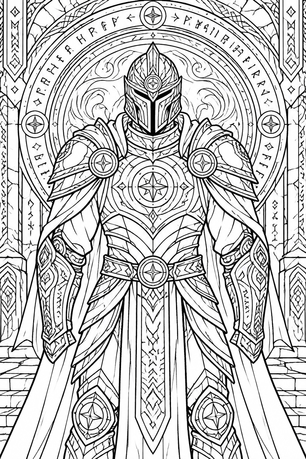 Intricate line art of knight in ornate armor with star motifs and cape.