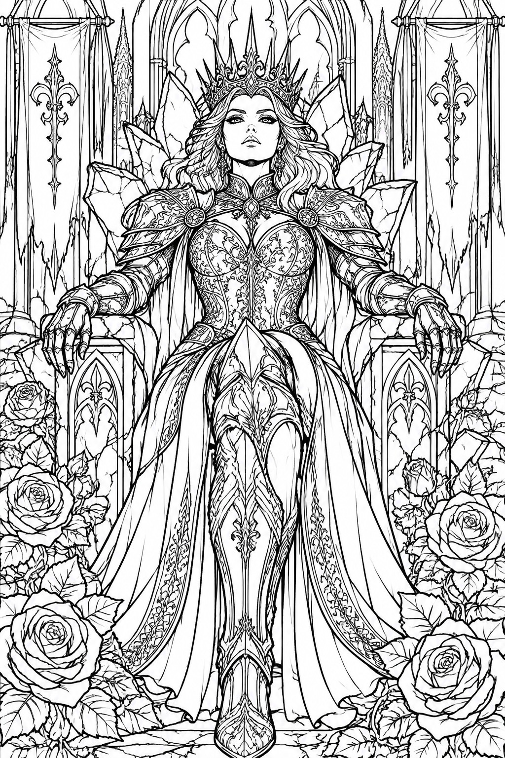 Crowned queen in ornate armor and cape sits on crystal throne amid roses and gothic banners