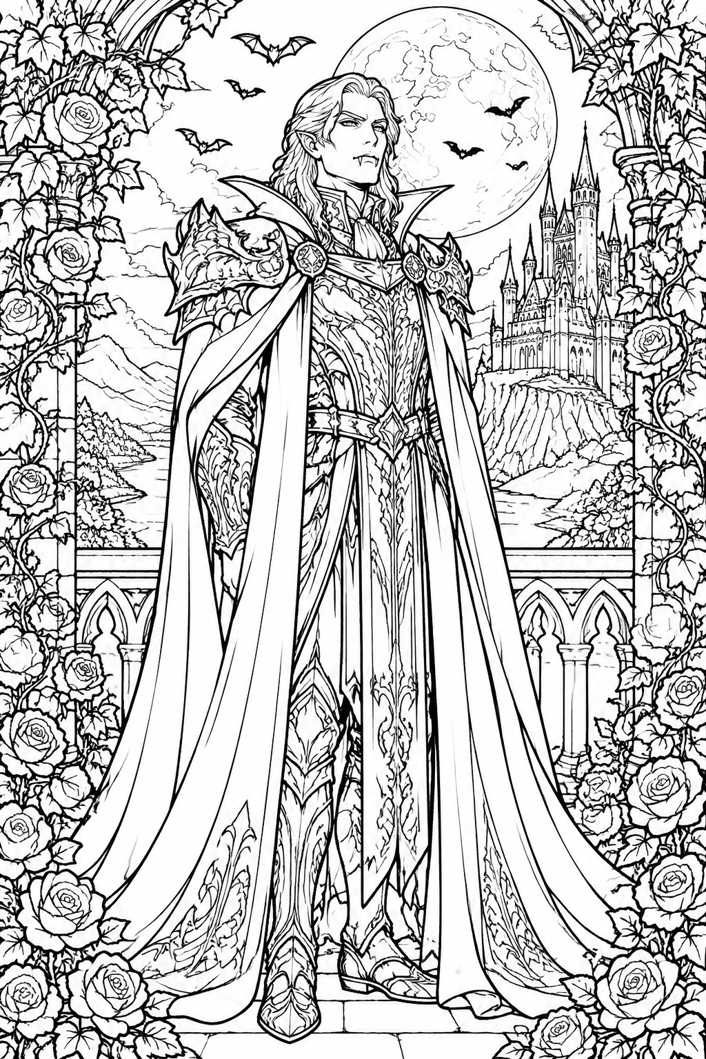 Black and white line art of a vampire in detailed armor on a balcony with castle, full moon, bats, and roses.