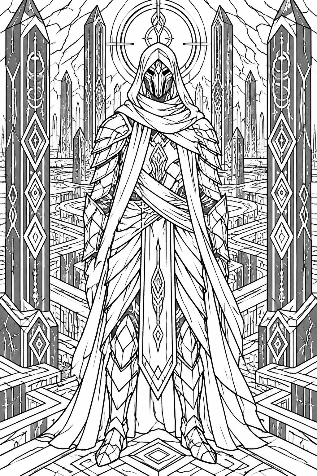 Hooded armored warrior in layered robes stands amid tall crystal pillars and ruins