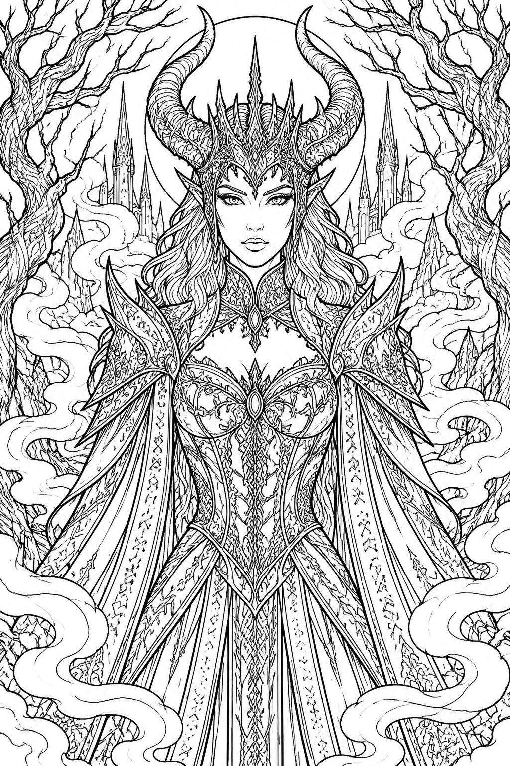 Horned fantasy queen in ornate spiked armor amid misty spires and twisted trees