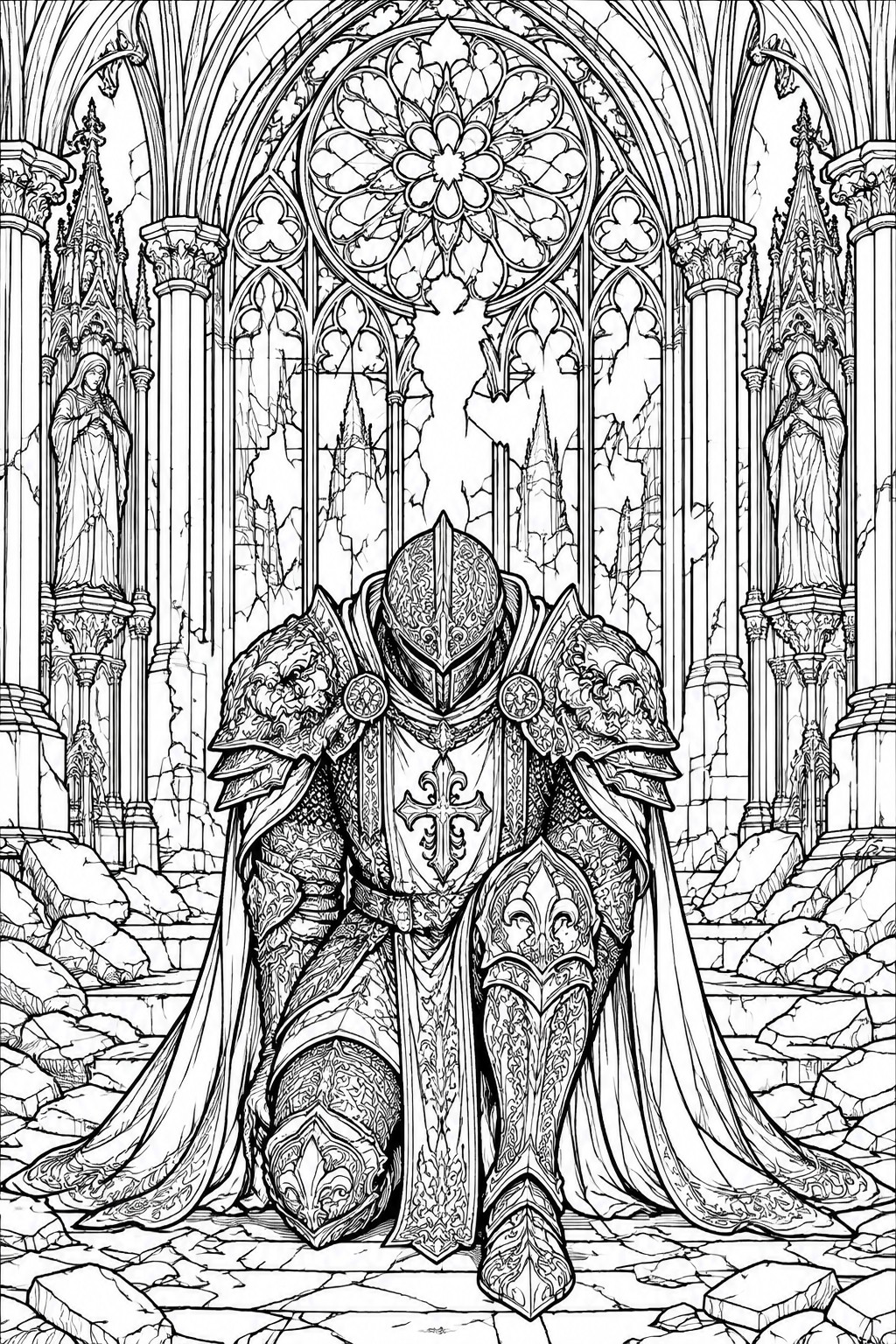Kneeling knight in ornate armor amid rubble in ruined Gothic cathedral