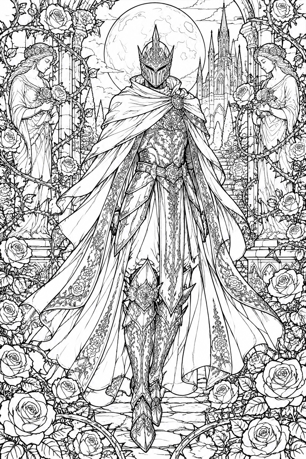 Knight in ornate armor with cape amid roses, flanked by maidens before moonlit castle.
