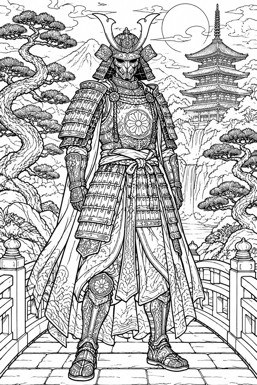 Black-and-white line art of armored samurai standing on bridge before pagoda and mountains