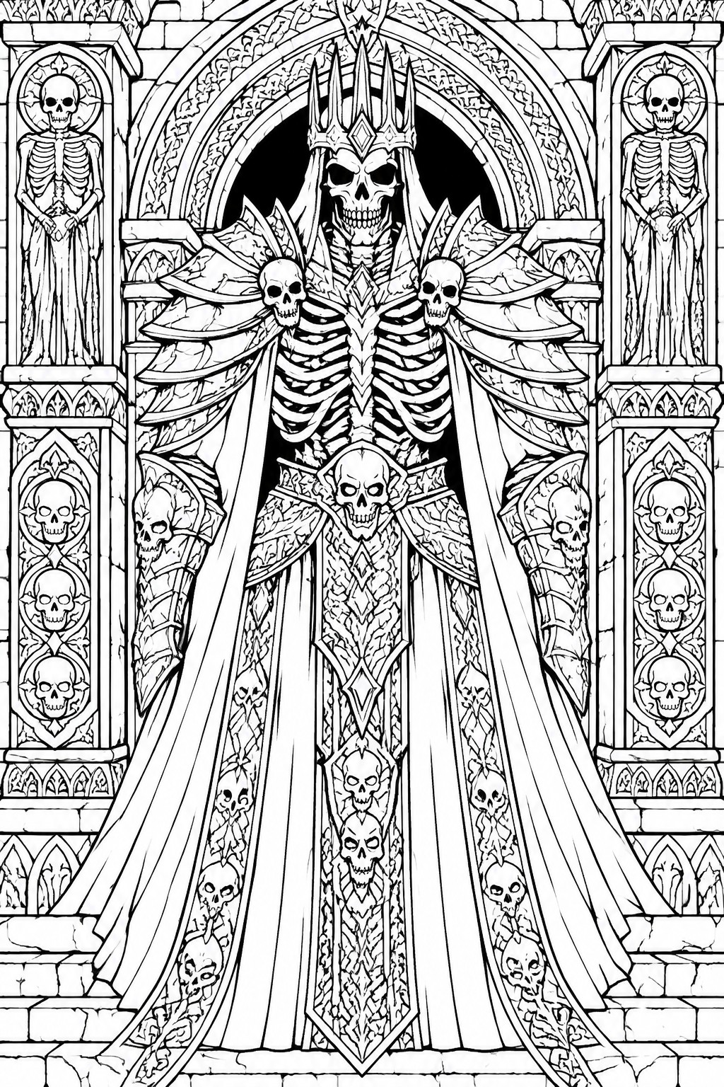 A highly detailed line drawing of a skeletal warrior wearing ornate gothic armor and a crown, standing under a stone arch flanked by two smaller skeletons in niches.