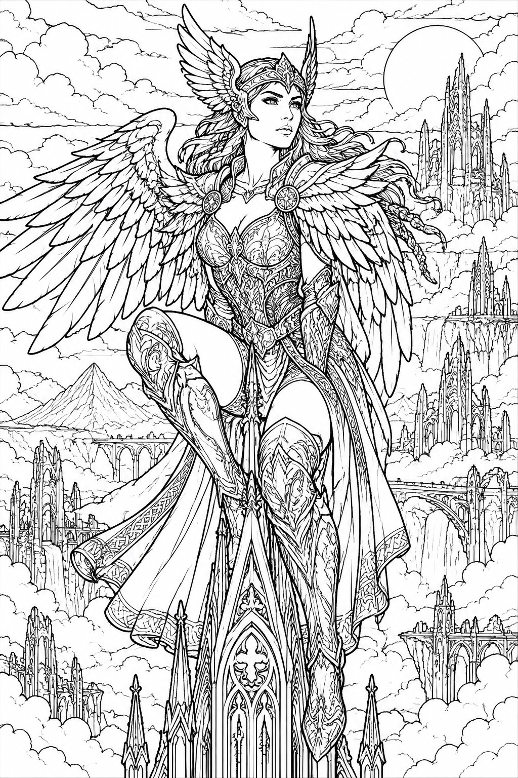 Winged armored warrior with sword amid clouds, fantasy castles, mountains, and full moon.