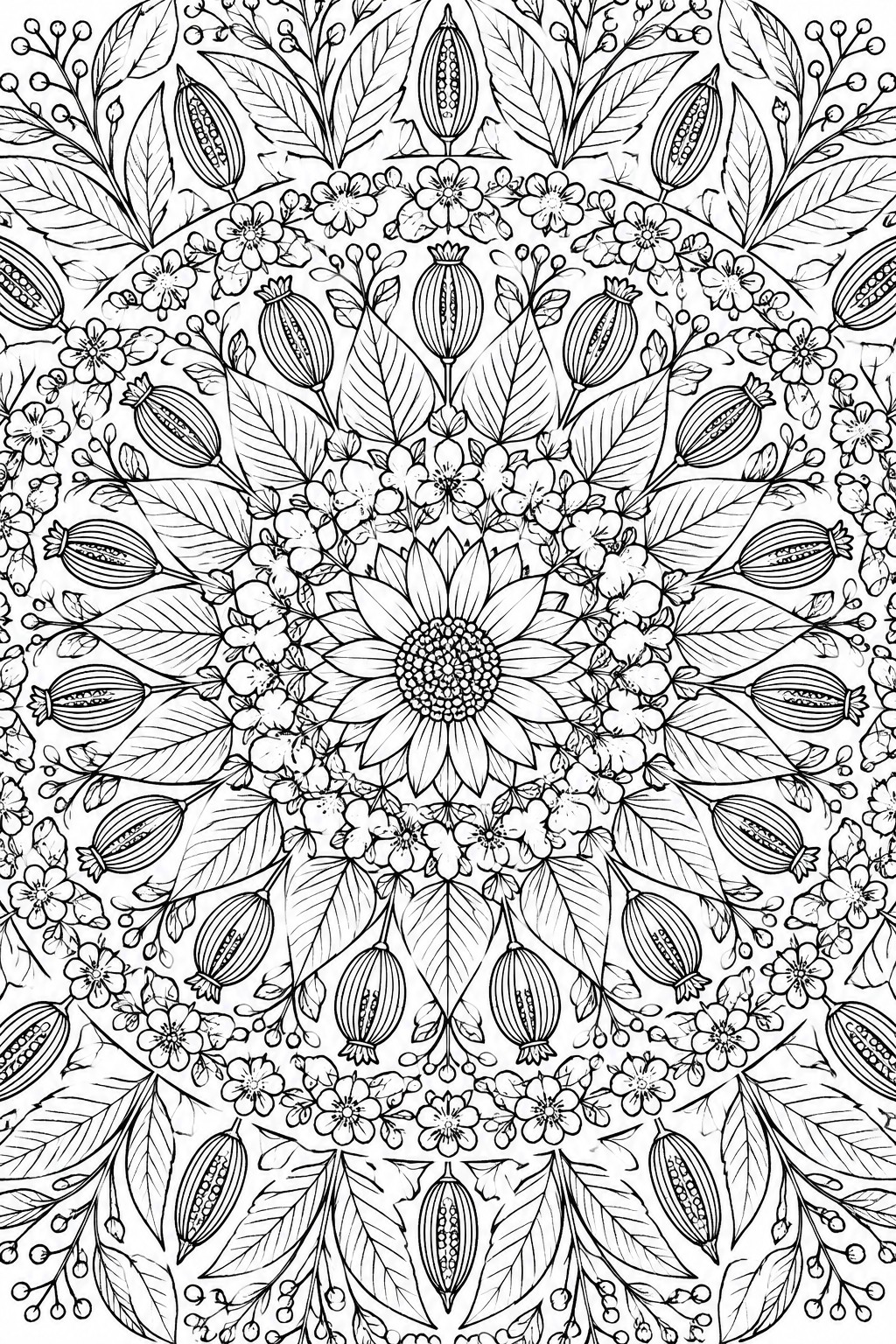 Black-and-white mandala line art with central flower, leaves, blooms, and seed pods.