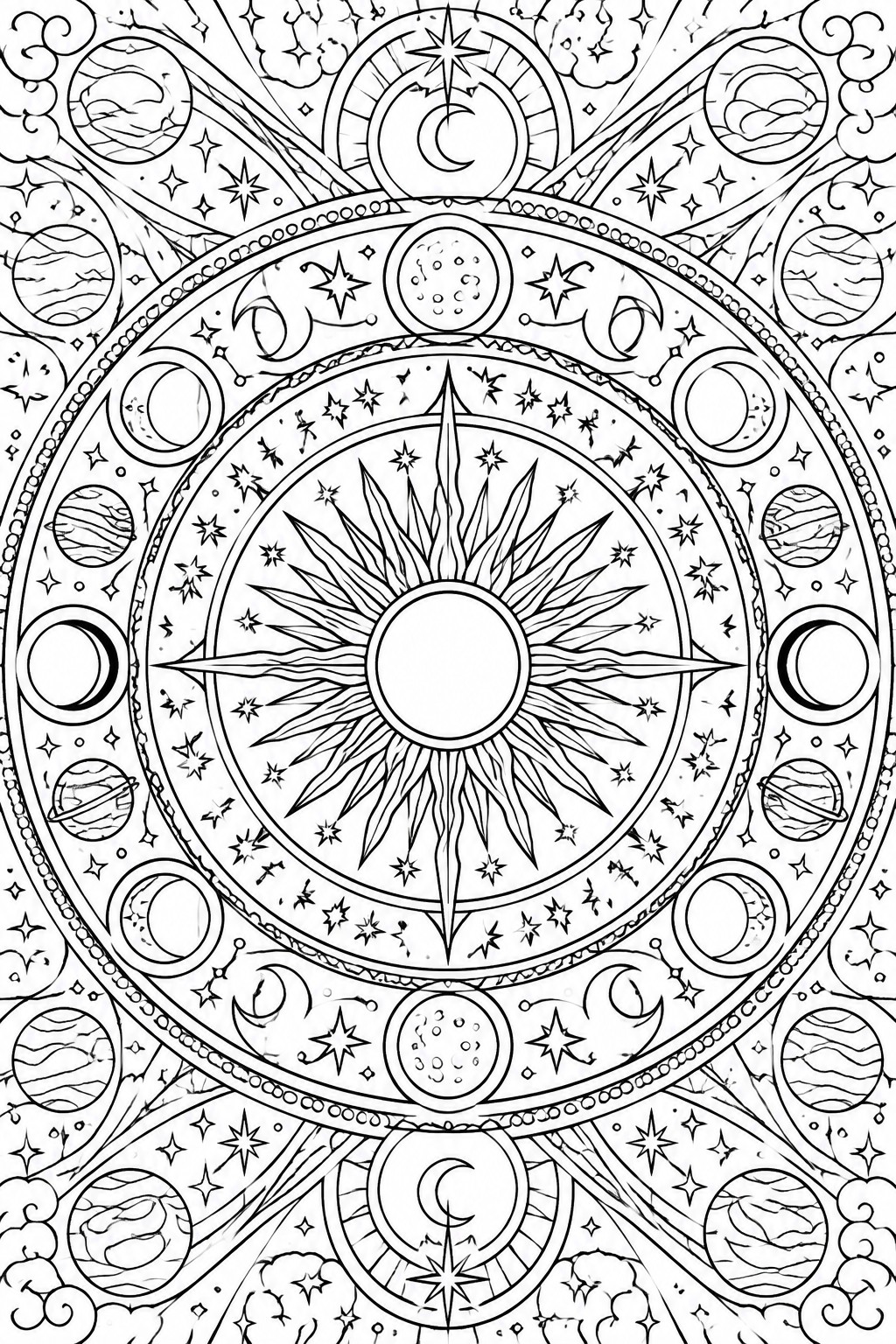 Intricate celestial mandala with central sun, stars, moons, and ringed planets in line art.