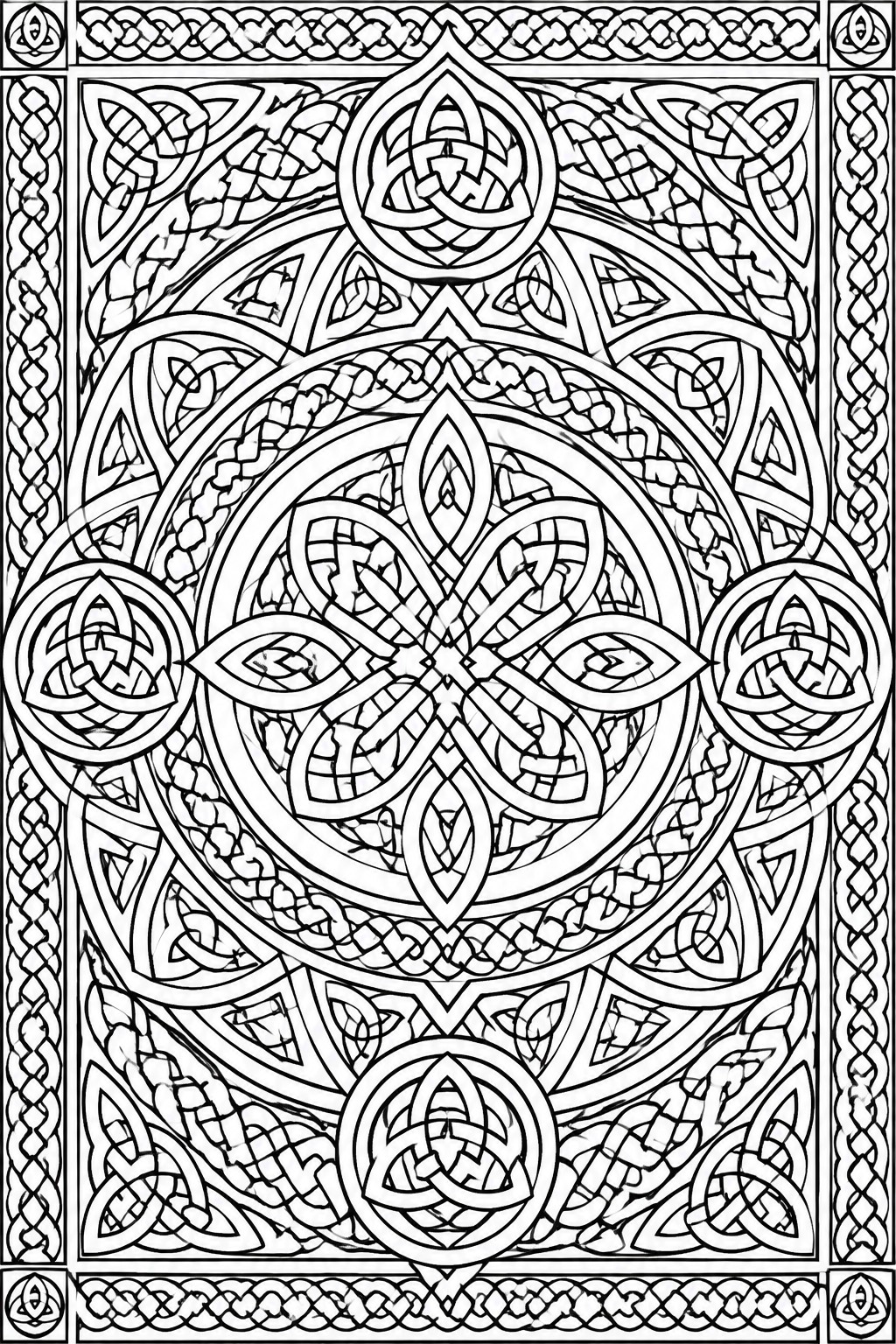 Intricate black and white Celtic knot mandala with symmetric circular interlaced patterns.