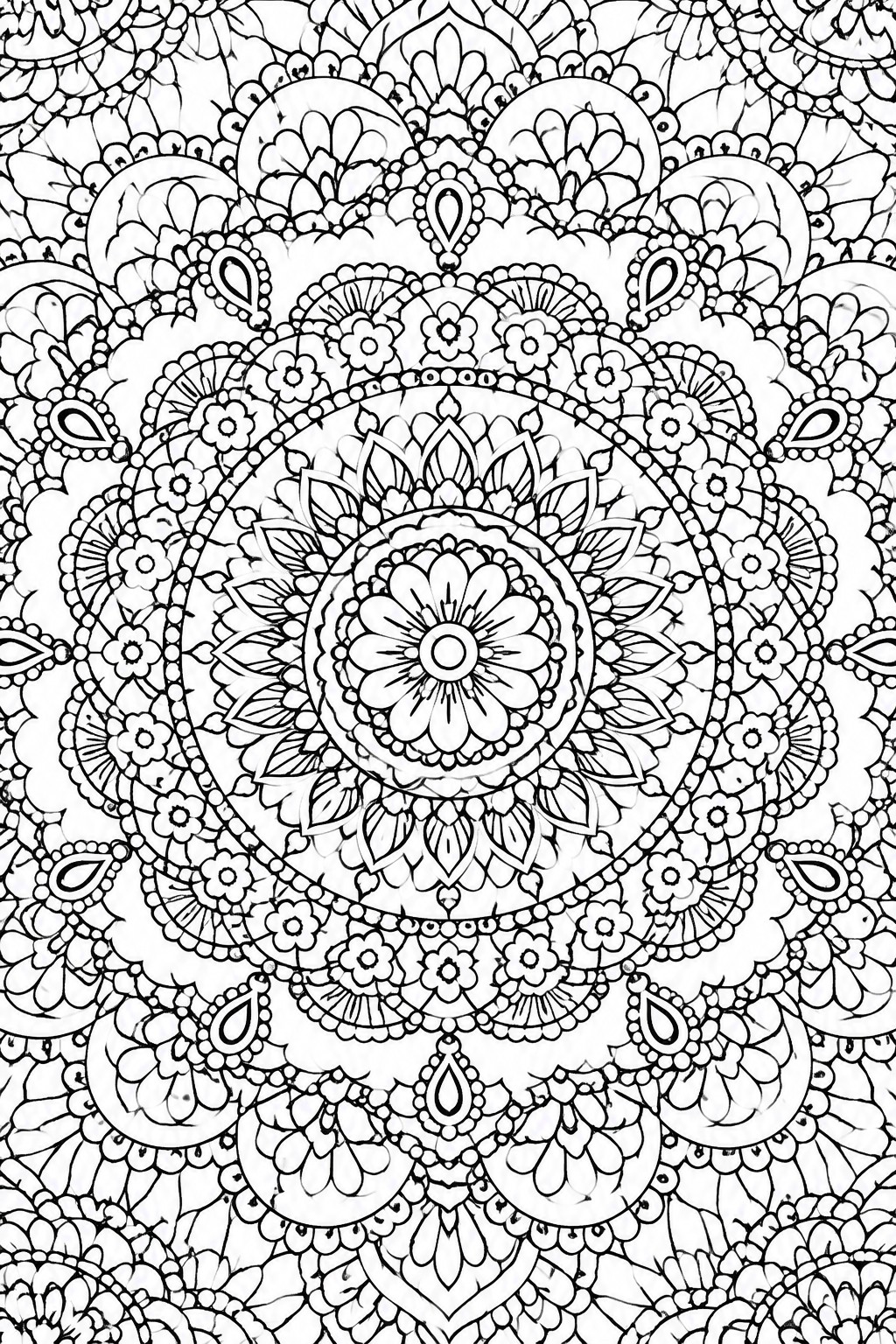 Intricate black-and-white mandala with floral, paisley, and geometric patterns for coloring.