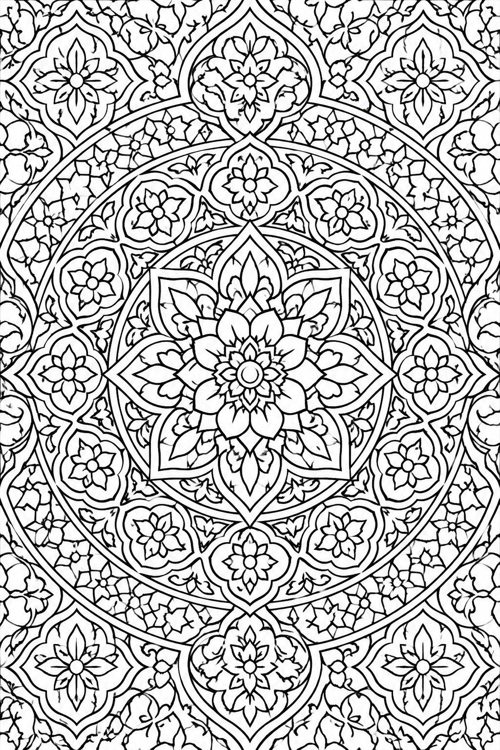 Intricate black and white mandala with layered floral patterns in concentric circles.