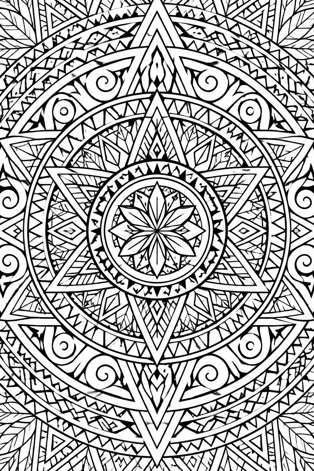 Intricate black-and-white mandala with central lotus, hexagram, leaves, and geometric patterns.