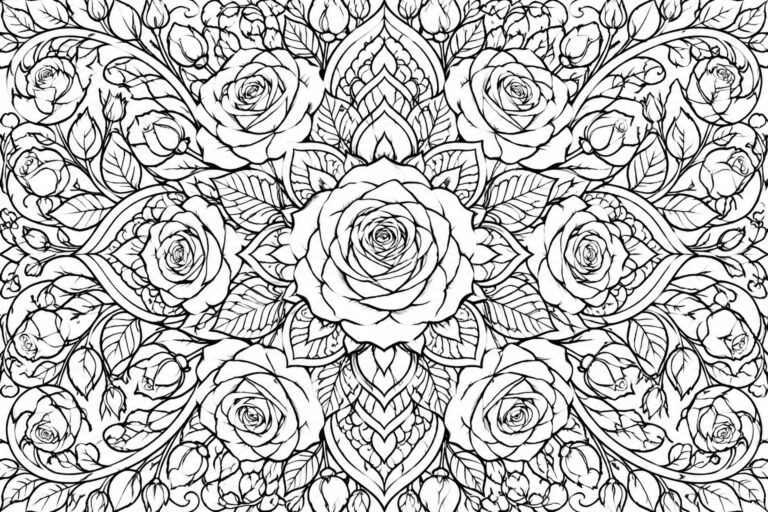 18 Detailed Mandala Coloring Pages for Adults Who Enjoy Fine Pattern Work Intricate black and white mandala of blooming roses with swirling leaves and vines