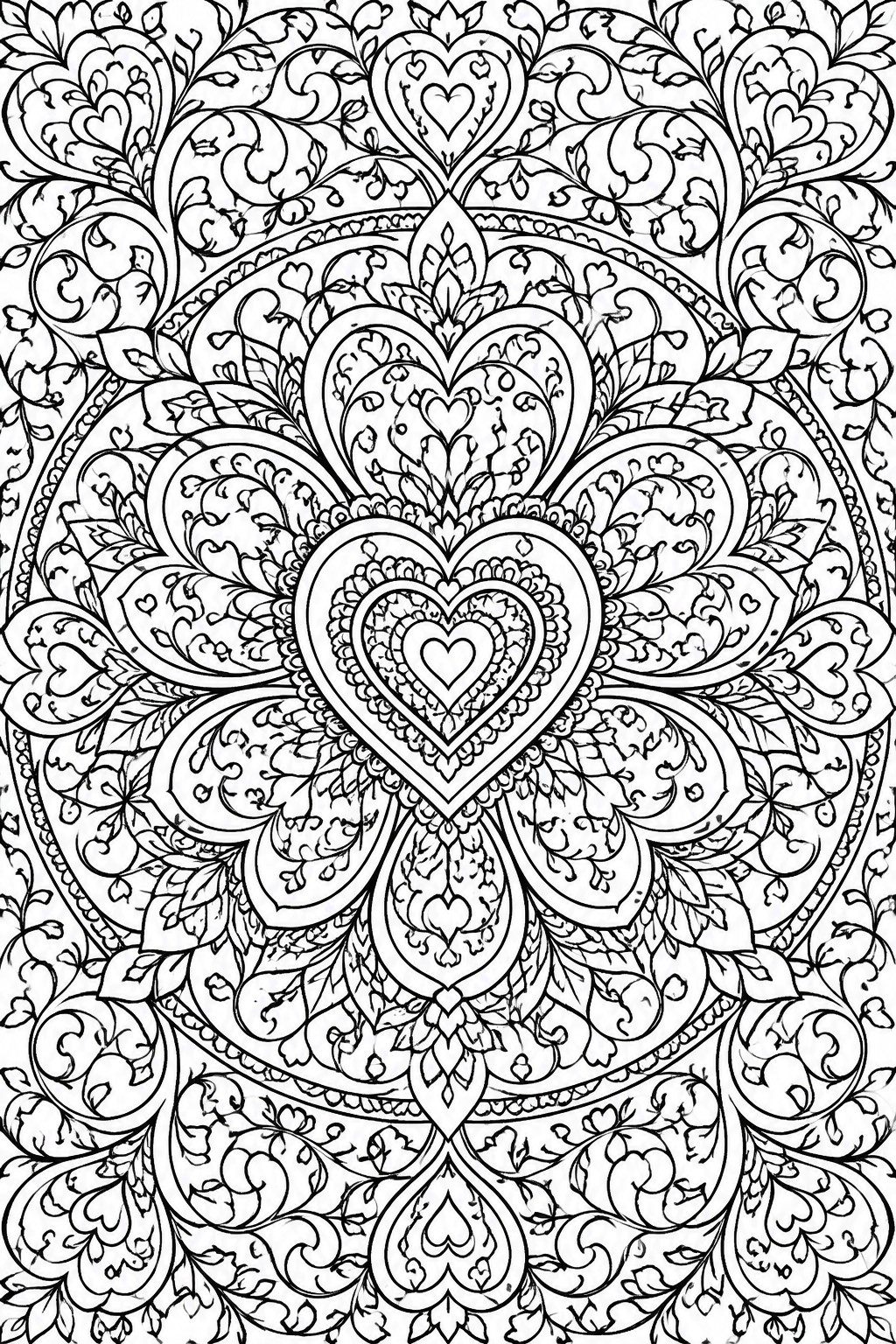 Intricate black-and-white mandala with layered hearts amid swirling floral patterns