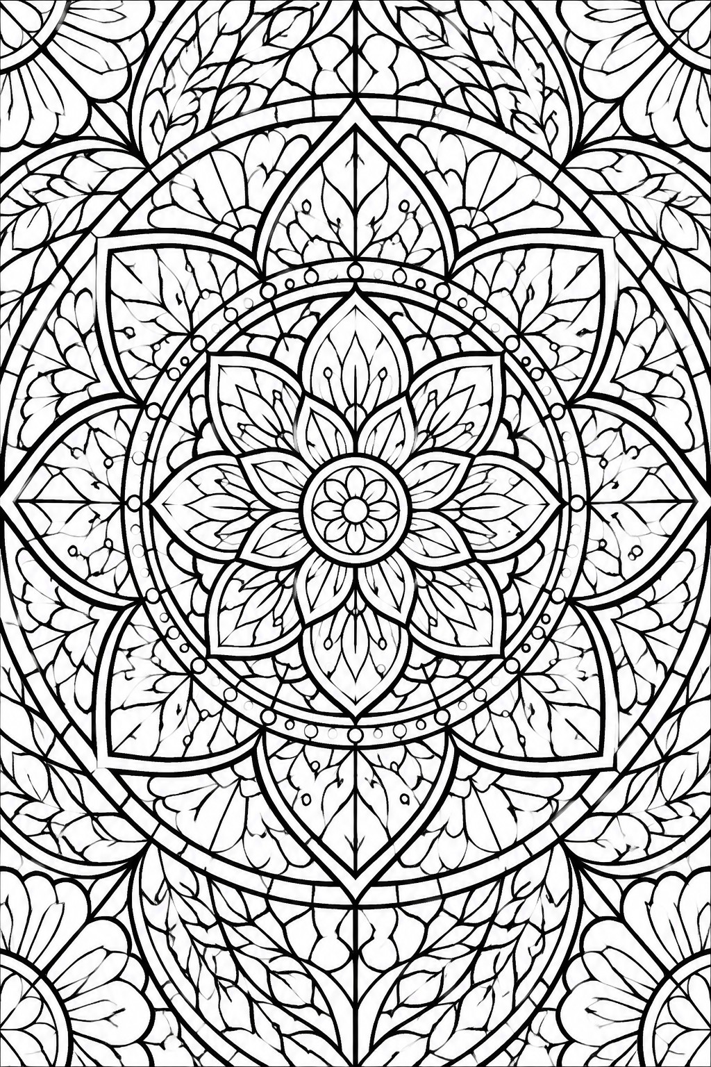 Intricate black-and-white mandala with layered floral, leaf, and geometric patterns.