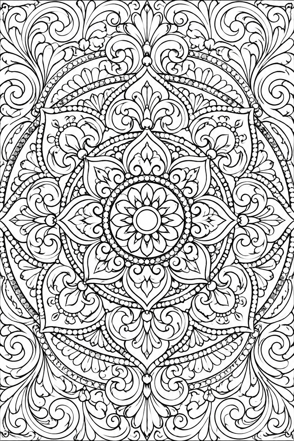 Intricate black and white mandala with central lotus, floral swirls, and dotted borders.