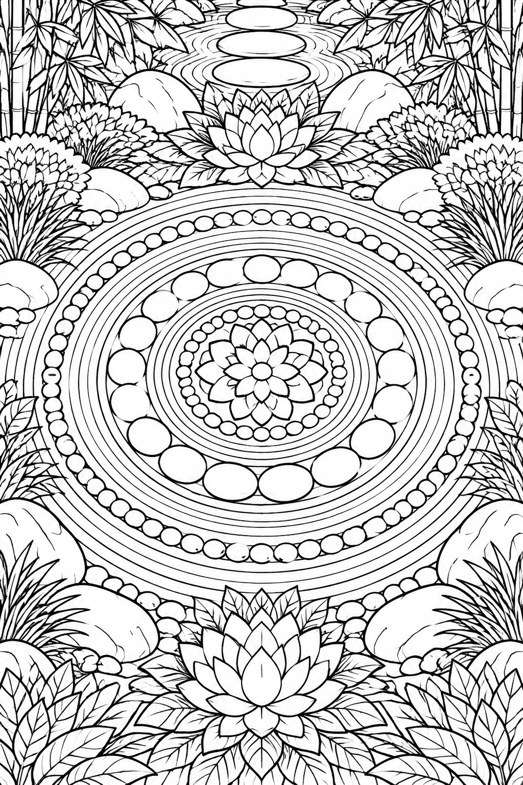 Intricate black and white mandala line art of zen garden with lotuses and stepping stones