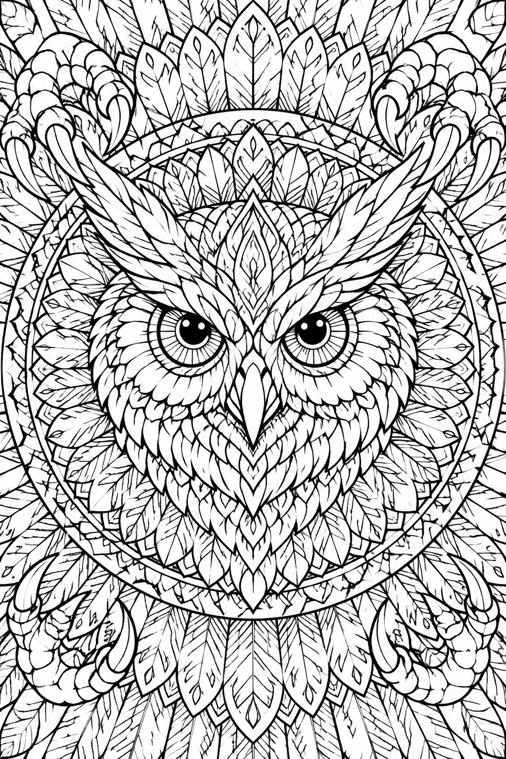 Black and white mandala coloring page showing an owl face surrounded by detailed feathers and leaf patterns in a circular design.
