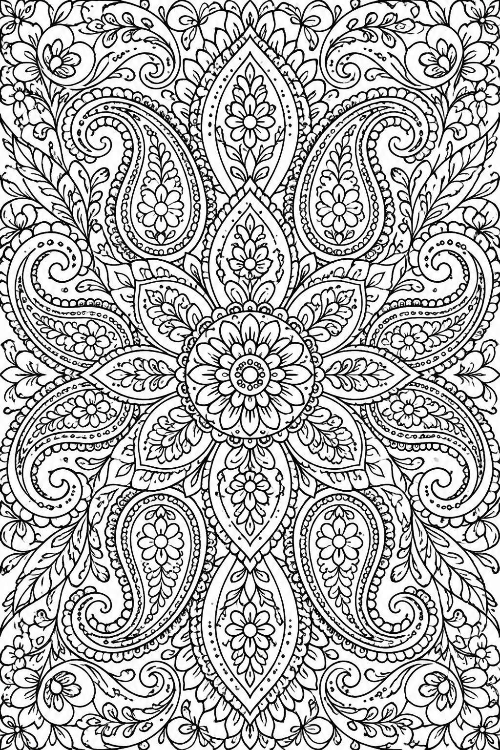 Intricate black and white paisley floral mandala coloring page with swirls and leaves