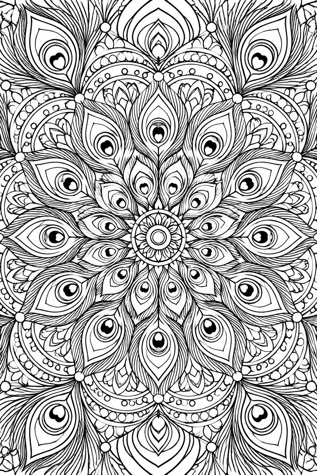 Intricate black and white mandala of symmetrical peacock feathers with detailed circular patterns.