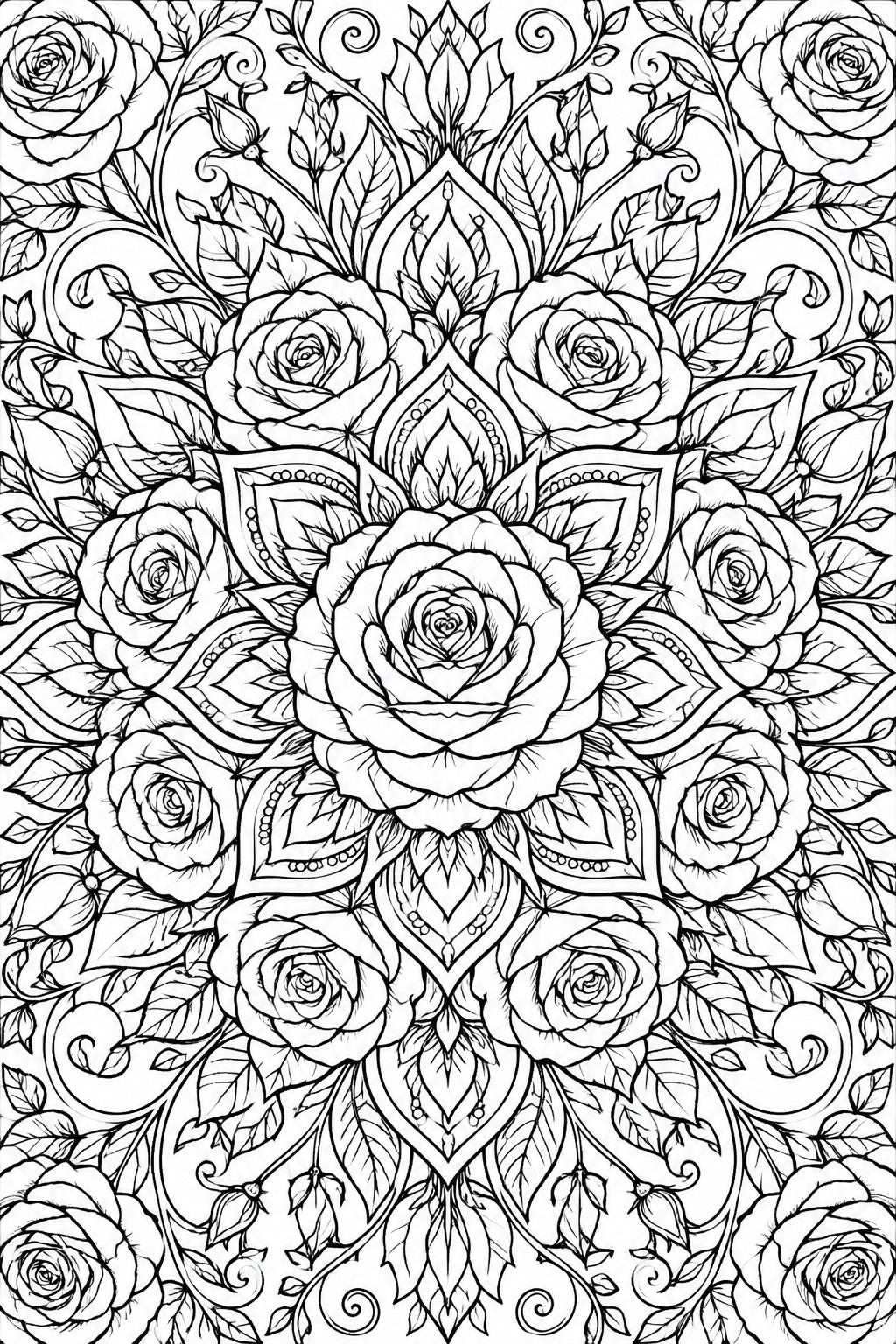 Intricate black and white mandala of blooming roses with swirling leaves and vines