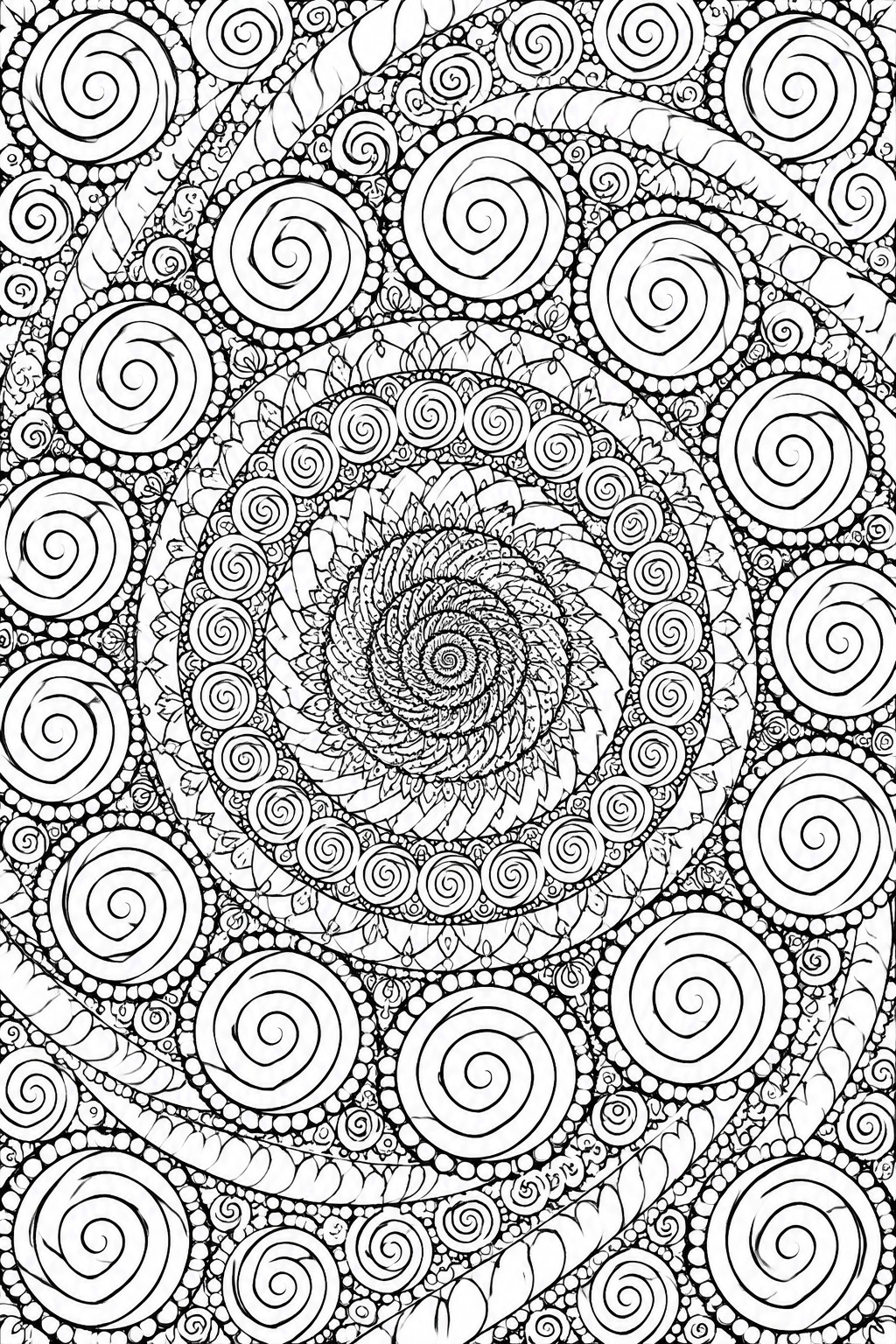 Intricate black-and-white mandala with concentric spirals, circles, and floral motifs
