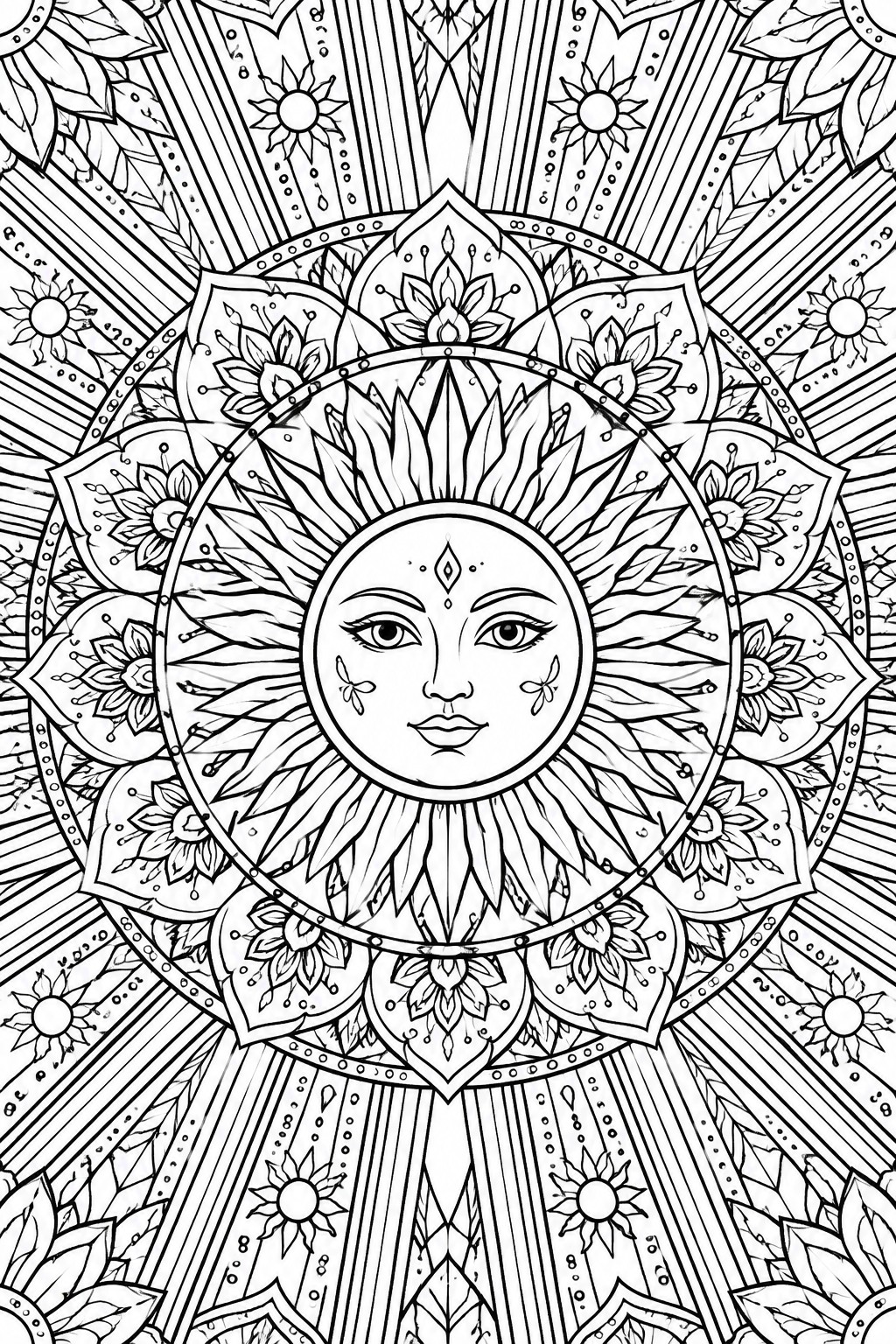 Intricate black-and-white mandala with central sun face amid floral and geometric patterns.