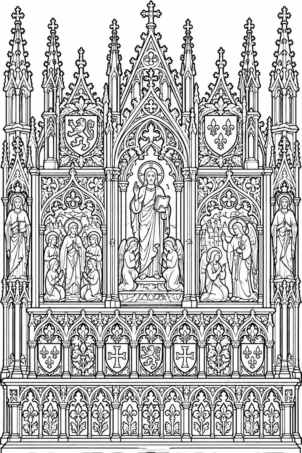 Ornate Gothic altarpiece with central robed Christ, angels, saints, and heraldic shields.