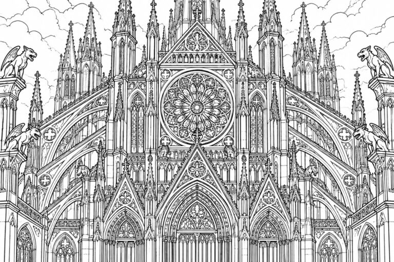 Gothic cathedral facade with rose window, spires, arches, and winged gargoyles in line art.