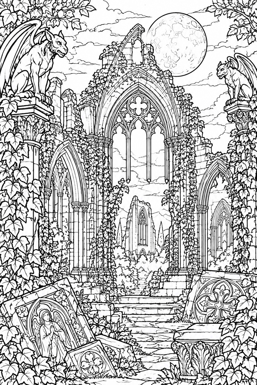 Gothic cathedral ruins overgrown with ivy, flanked by gargoyles under a full moon.