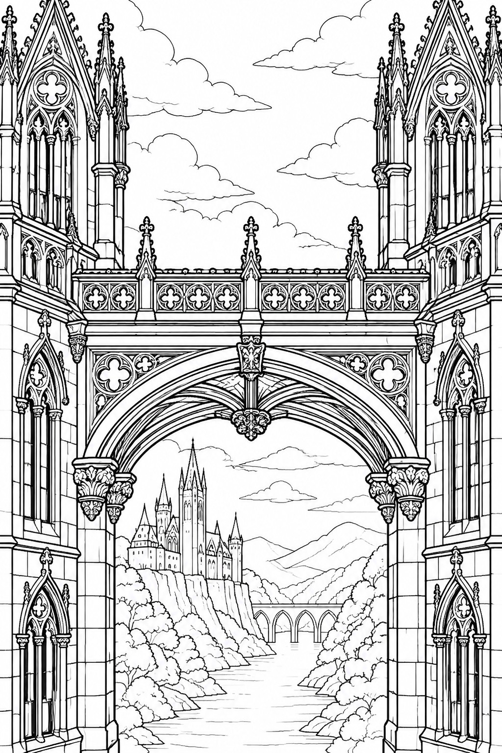 Gothic stone arch framing a castle on cliff with bridge and mountains