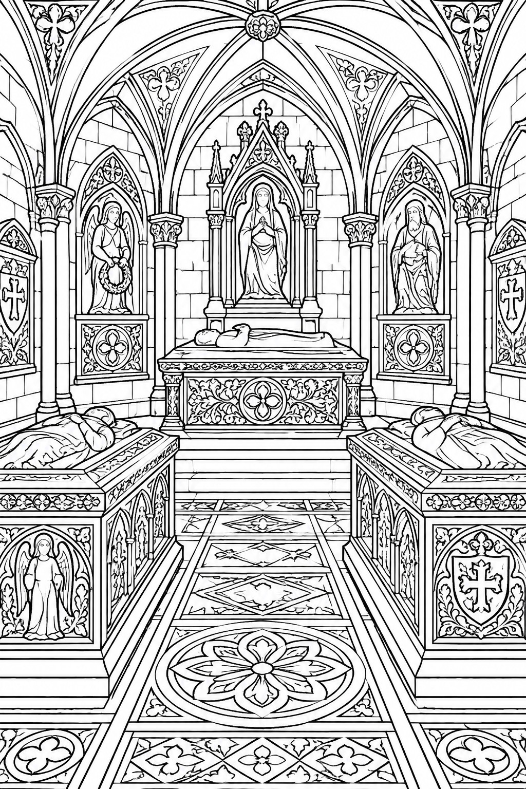 Black and white line drawing of a Gothic cathedral interior with tombs, statues in niches, pointed arches, and patterned floor tiles.