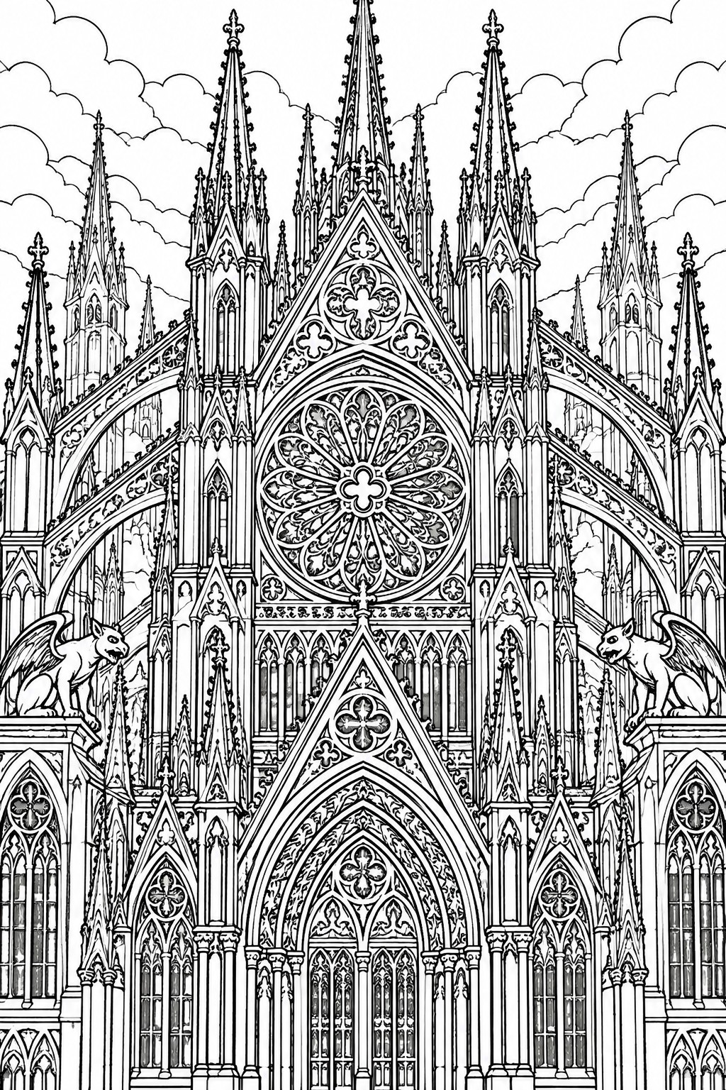 Gothic cathedral facade with rose window, spires, arches, and winged gargoyles in line art.