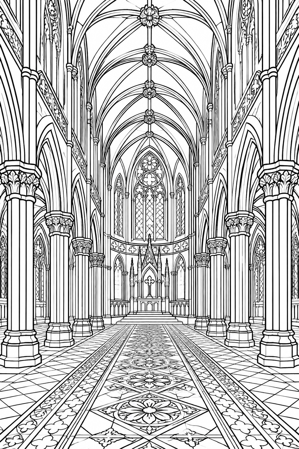 Gothic cathedral interior with vaulted ceilings, ornate columns, and stained glass windows.