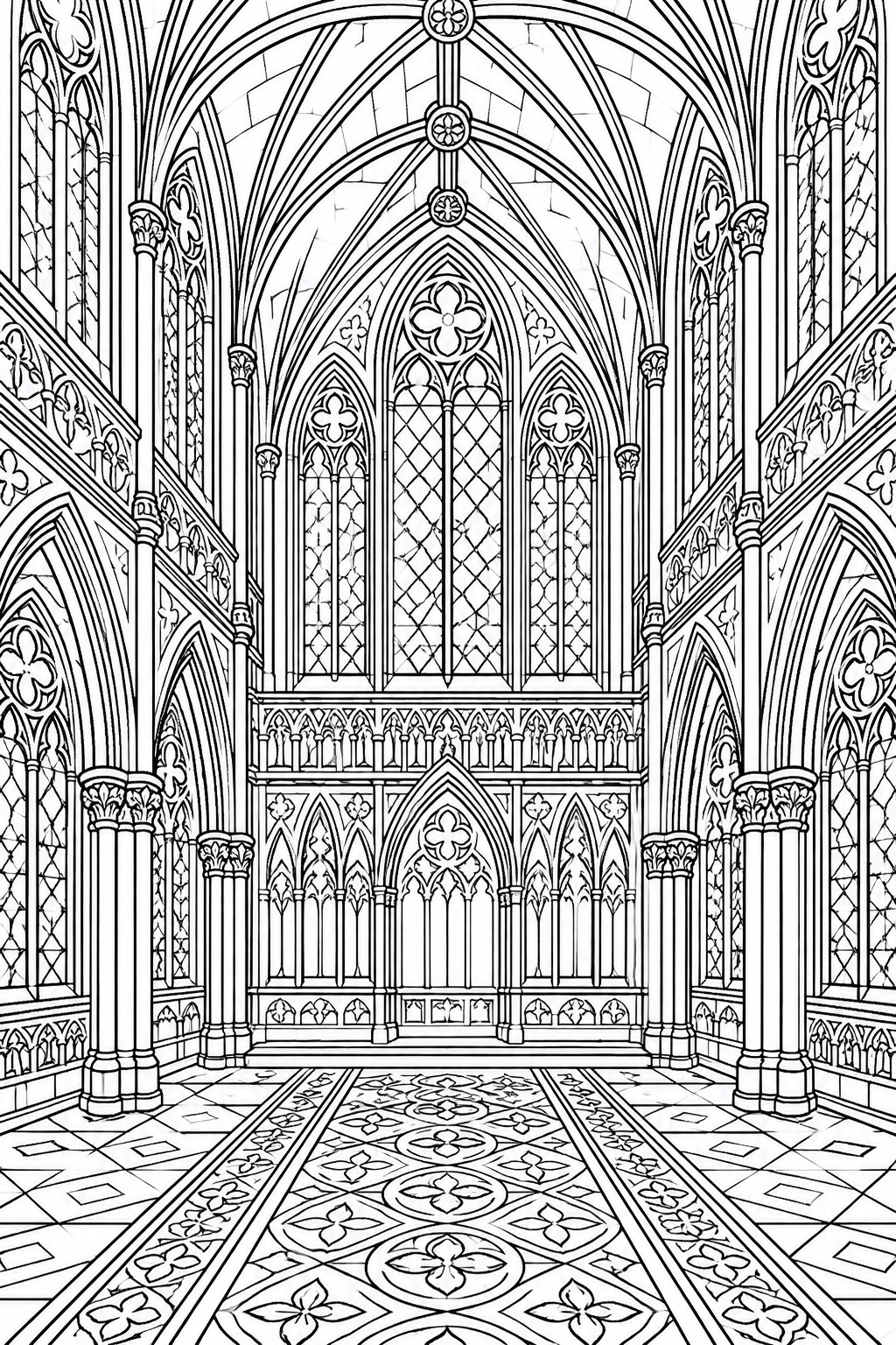 A black and white line drawing of a gothic cathedral interior showing tall arches, stained glass windows, columns, and an ornate patterned floor.