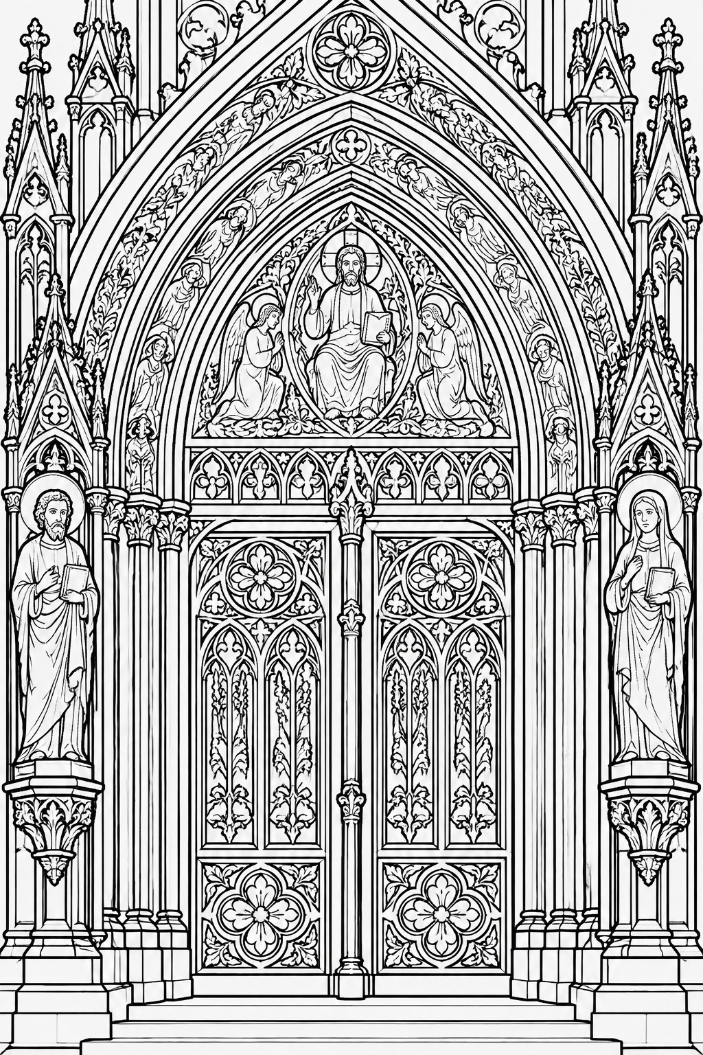 A black and white line drawing of an ornate Gothic cathedral entrance with two decorated doors, side statues of saints, and an upper arch showing Christ with angels.