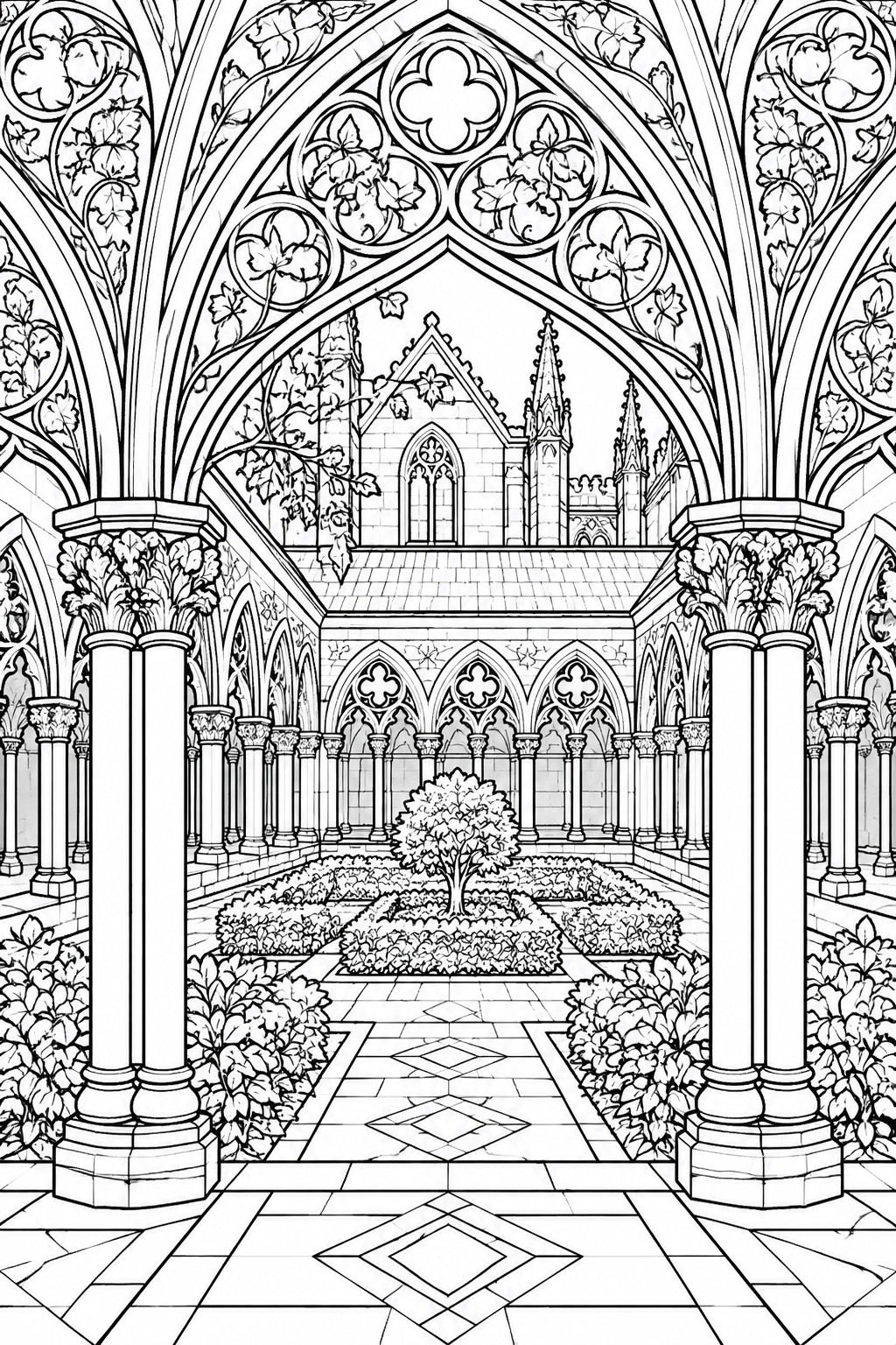A black and white line drawing of a gothic cloister courtyard featuring columns, pointed arches, a central tree, and patterned tile floor.