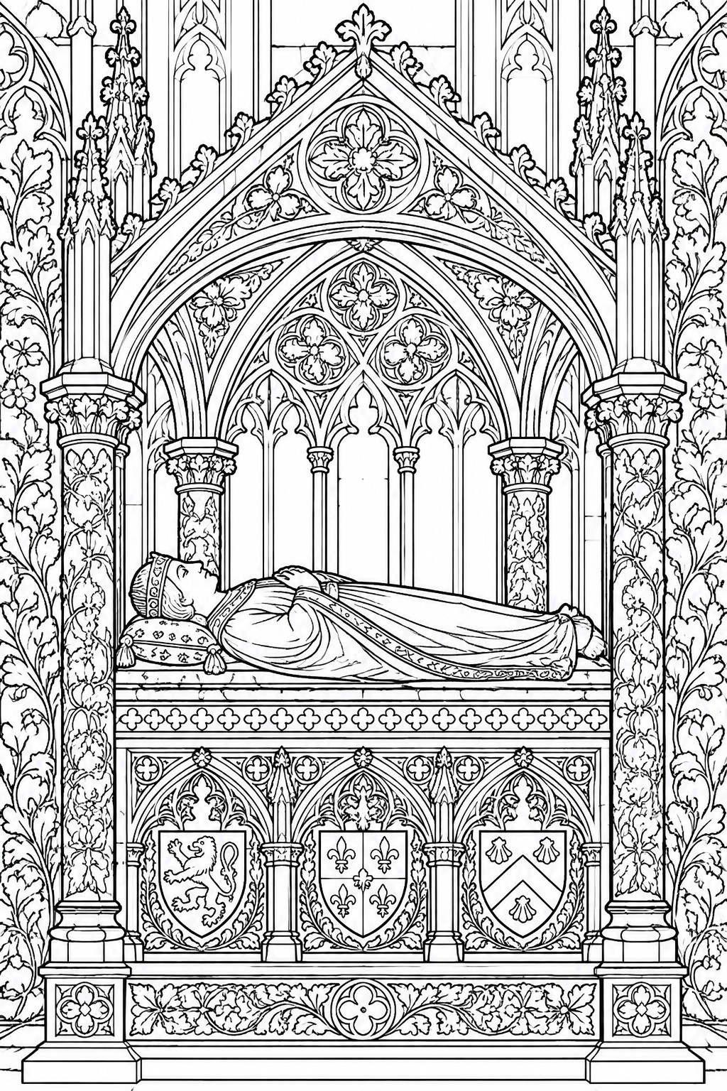 Crowned medieval effigy reclining on Gothic tomb with heraldic shields and arches