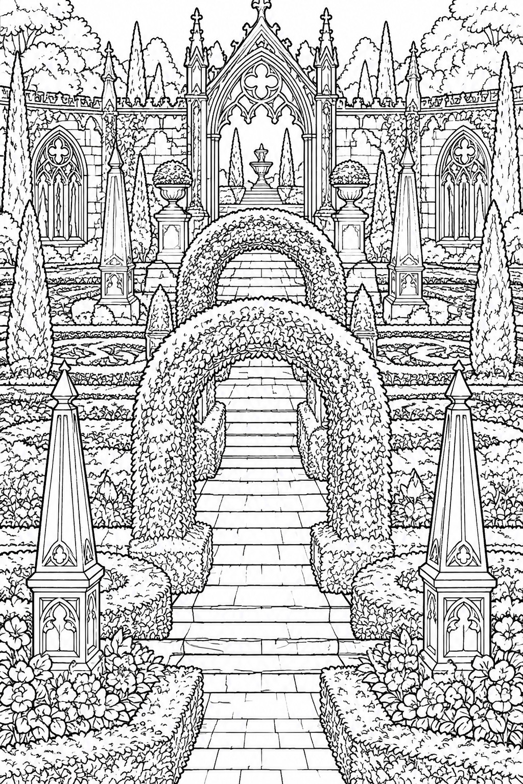 Black and white line art of a gothic garden featuring ivy arches over a paved path, stairs, a fountain, stone walls with windows, and surrounding trees and obelisks.