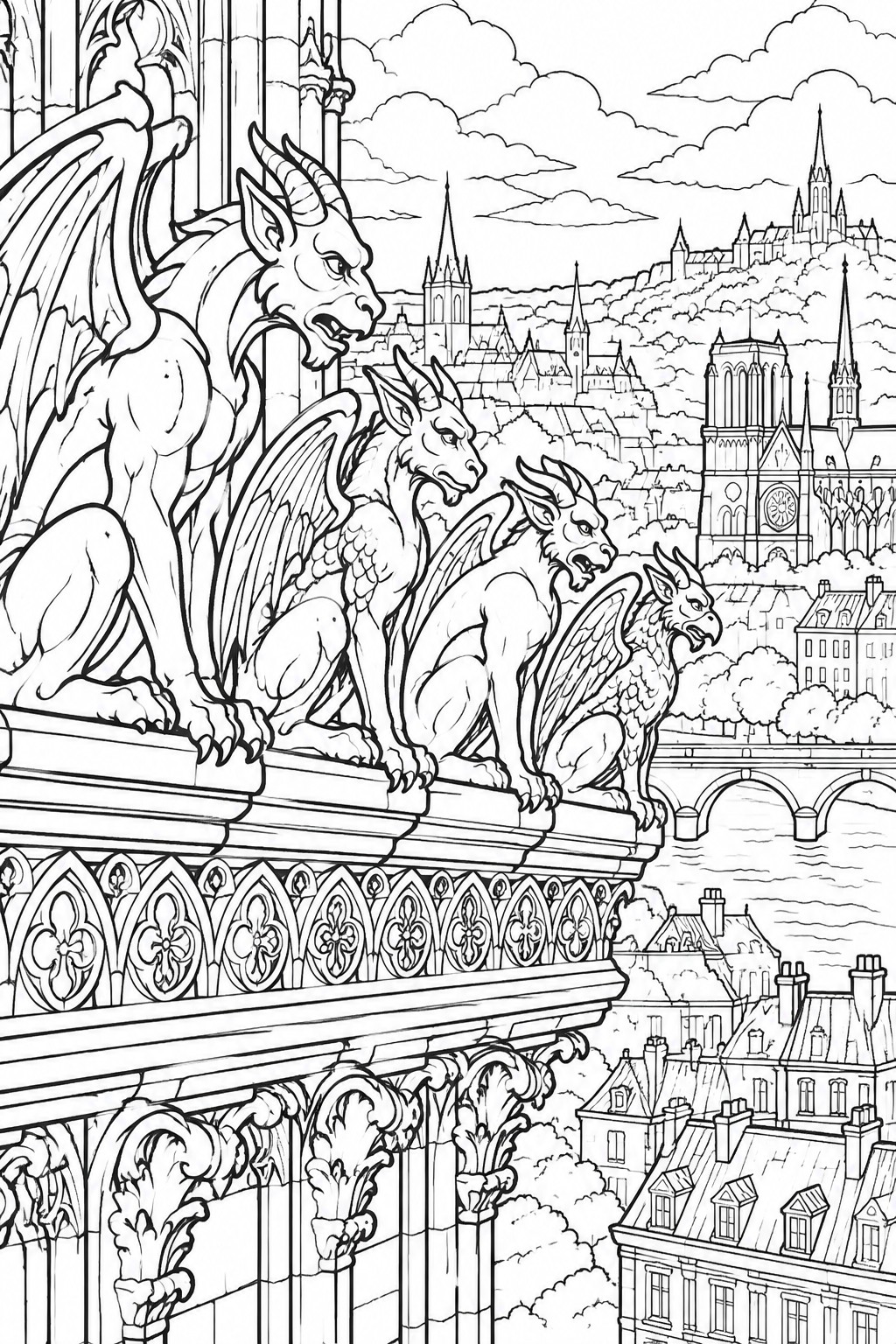 Three gargoyles perch on a carved ledge overlooking a city with a large cathedral, bridge, and rooftops in the background.