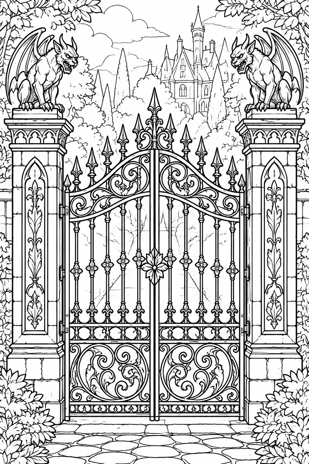 Black and white line drawing of an ornate gothic gate with gargoyles on pillars, a castle in the background, and a stone path in front.