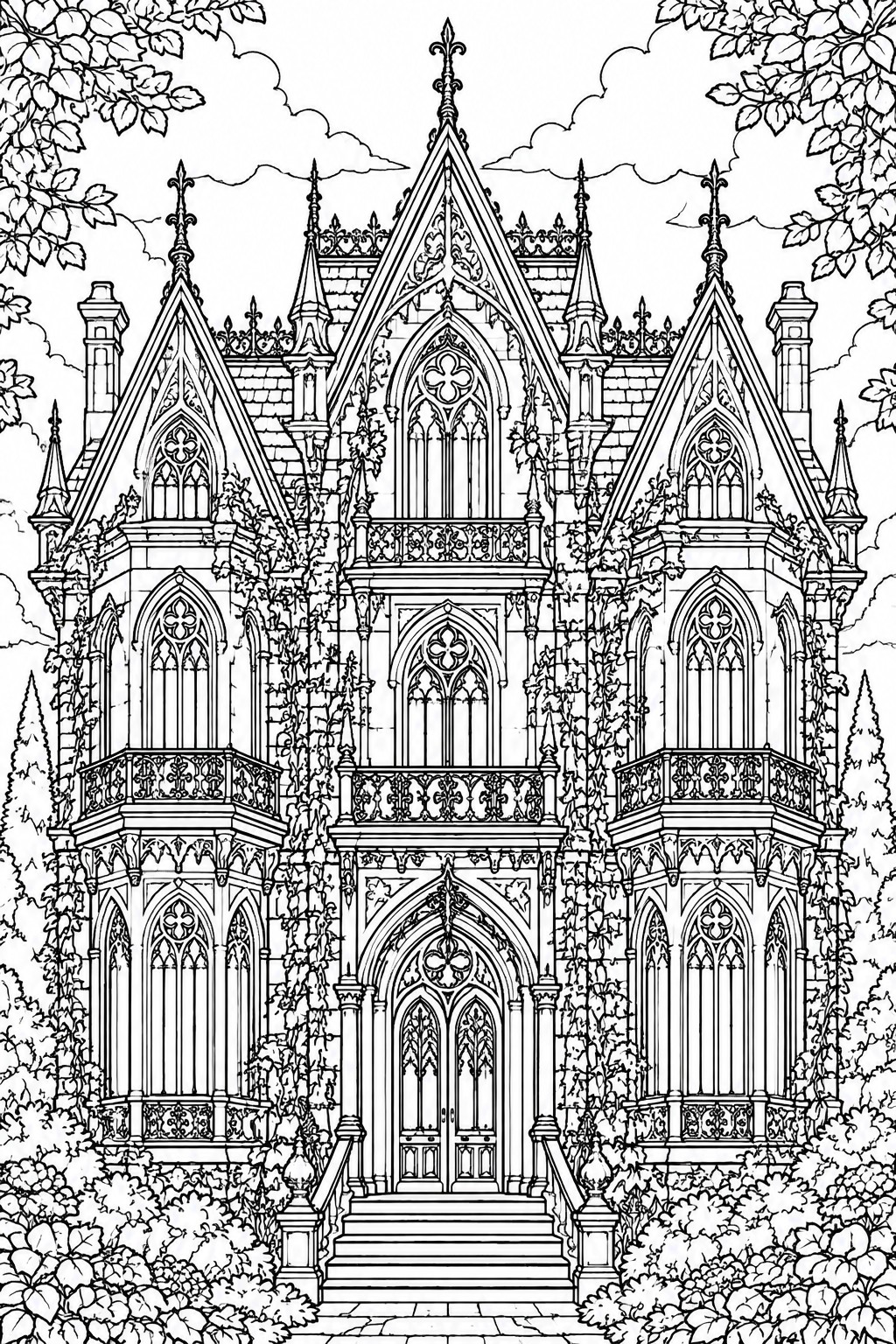 Gothic Victorian mansion with ornate spires, arches, balconies and ivy.