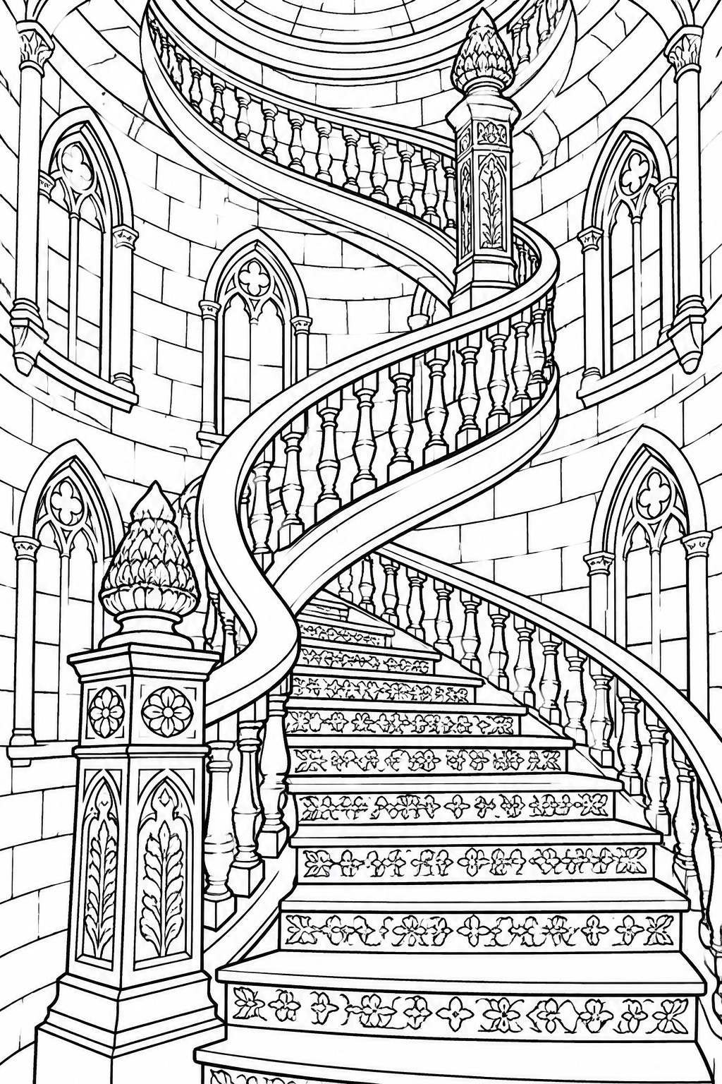 Intricate black-and-white line art of a grand spiral staircase in a gothic castle.